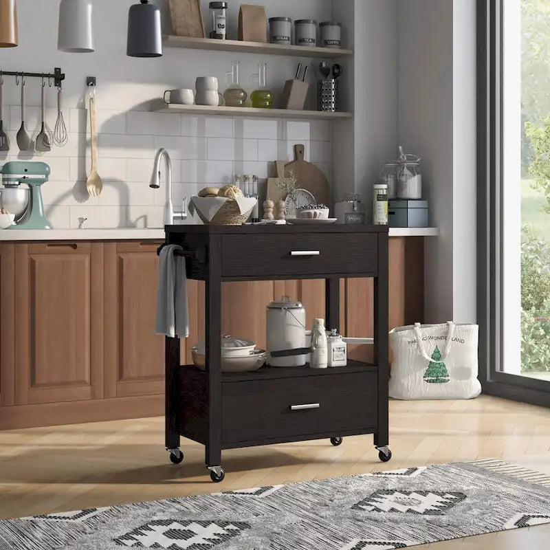Newsom Modern 2-Drawer Caster Serving Cart with Towel Bar by Furniture of America