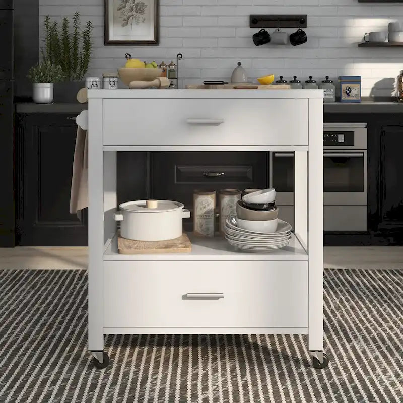 Newsom Modern 2-Drawer Caster Serving Cart with Towel Bar by Furniture of America