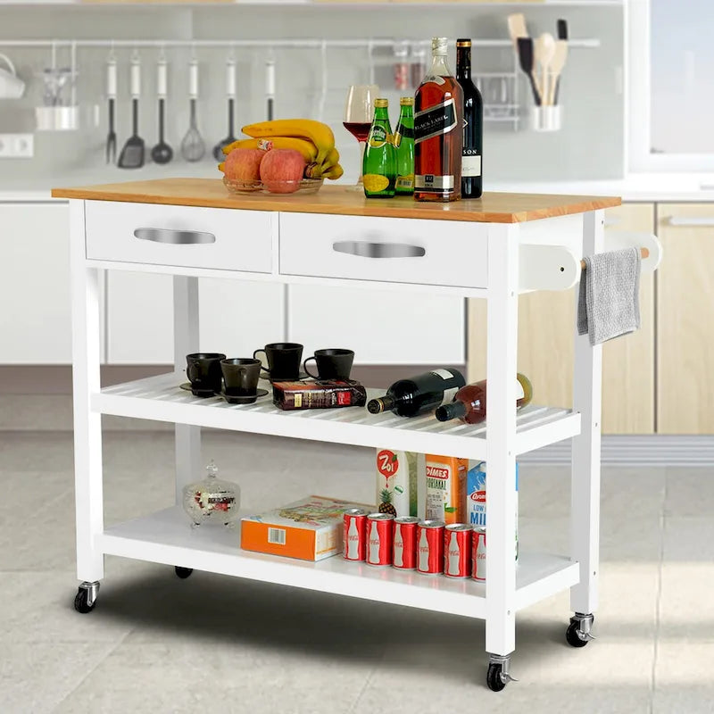 45 Kitchen Island Cart with Wheels, 2 Drawers & Open Storage Shelves - 45 x 17 x 35 inches