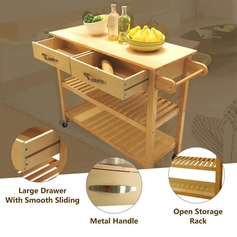 45 Kitchen Island Cart with Wheels, 2 Drawers & Open Storage Shelves - 45 x 17 x 35 inches