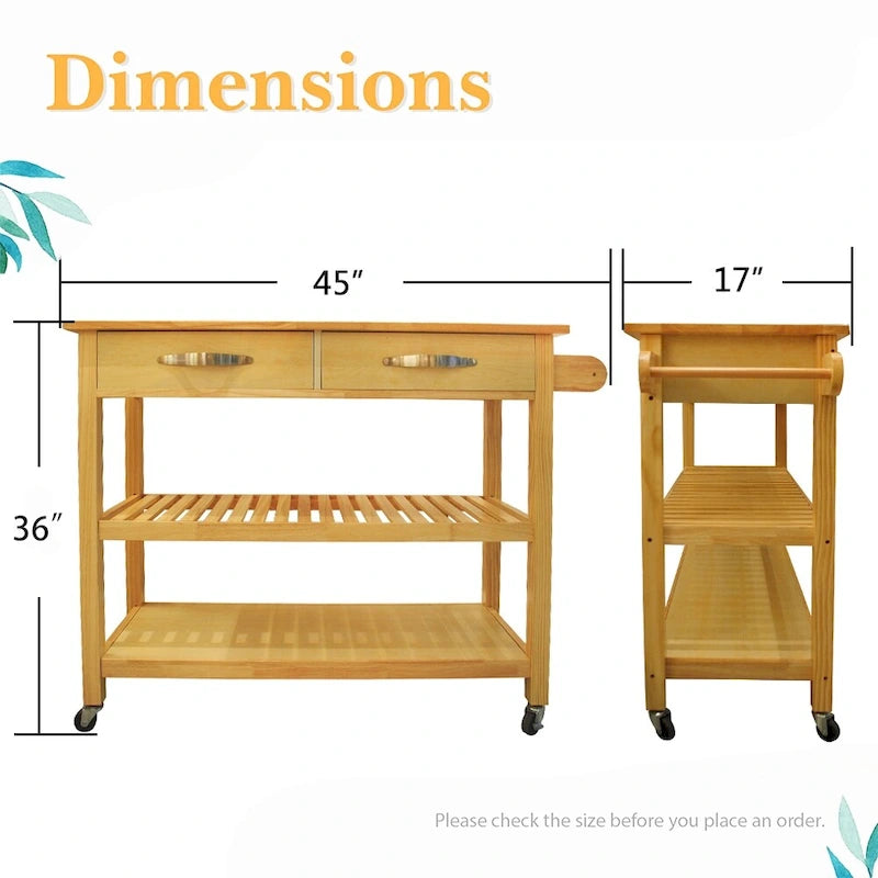 45 Kitchen Island Cart with Wheels, 2 Drawers & Open Storage Shelves - 45 x 17 x 35 inches