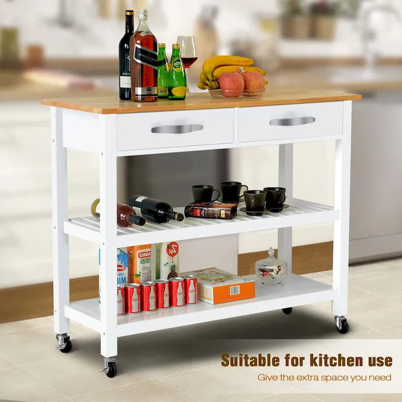 45 Kitchen Island Cart with Wheels, 2 Drawers & Open Storage Shelves - 45 x 17 x 35 inches