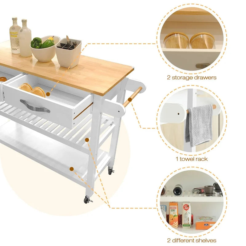 45 Kitchen Island Cart with Wheels, 2 Drawers & Open Storage Shelves - 45 x 17 x 35 inches