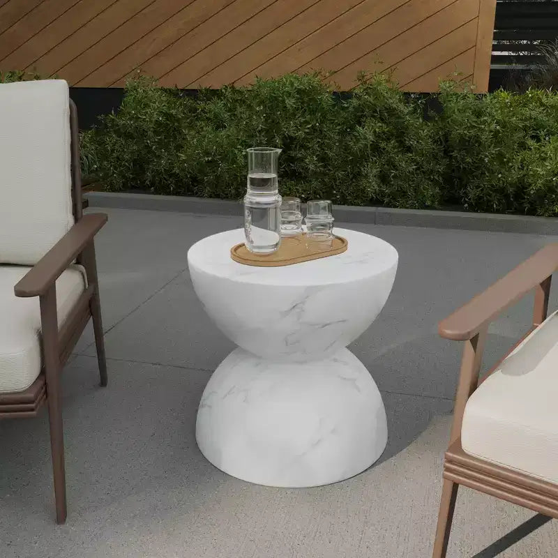 LeisureMod Sage Series Minimalist Fiberstone Hourglass Side Table  Modern Accent End Table for Indoor or Patio Use, Durable Small-Space Design