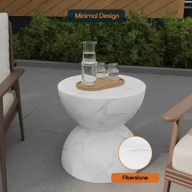 LeisureMod Sage Series Minimalist Fiberstone Hourglass Side Table  Modern Accent End Table for Indoor or Patio Use, Durable Small-Space Design