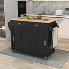 Kitchen Cart with Rubber wood Drop-Leaf Countertop, Concealed sliding barn door adjustable height,Kitchen Island on 4 Wheels