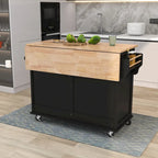 Kitchen Cart with Rubber wood Drop-Leaf Countertop, Concealed sliding barn door adjustable height,Kitchen Island on 4 Wheels