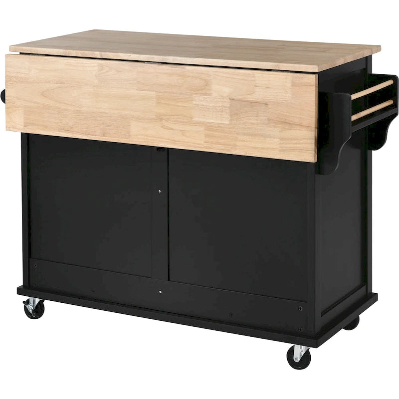 Kitchen Cart with Rubber wood Drop-Leaf Countertop, Concealed sliding barn door adjustable height,Kitchen Island on 4 Wheels