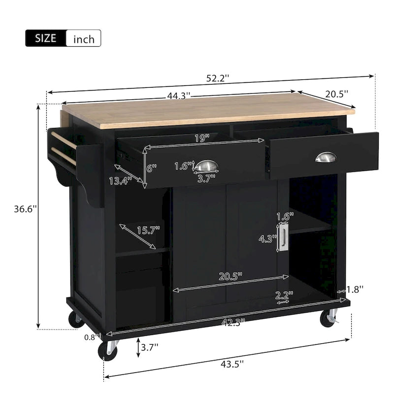 Kitchen Cart with Rubber wood Drop-Leaf Countertop, Concealed sliding barn door adjustable height,Kitchen Island on 4 Wheels