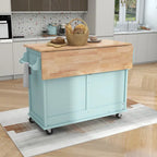 Kitchen Cart with Rubber wood Drop-Leaf Countertop, Concealed sliding barn door adjustable height,Kitchen Island on 4 Wheels