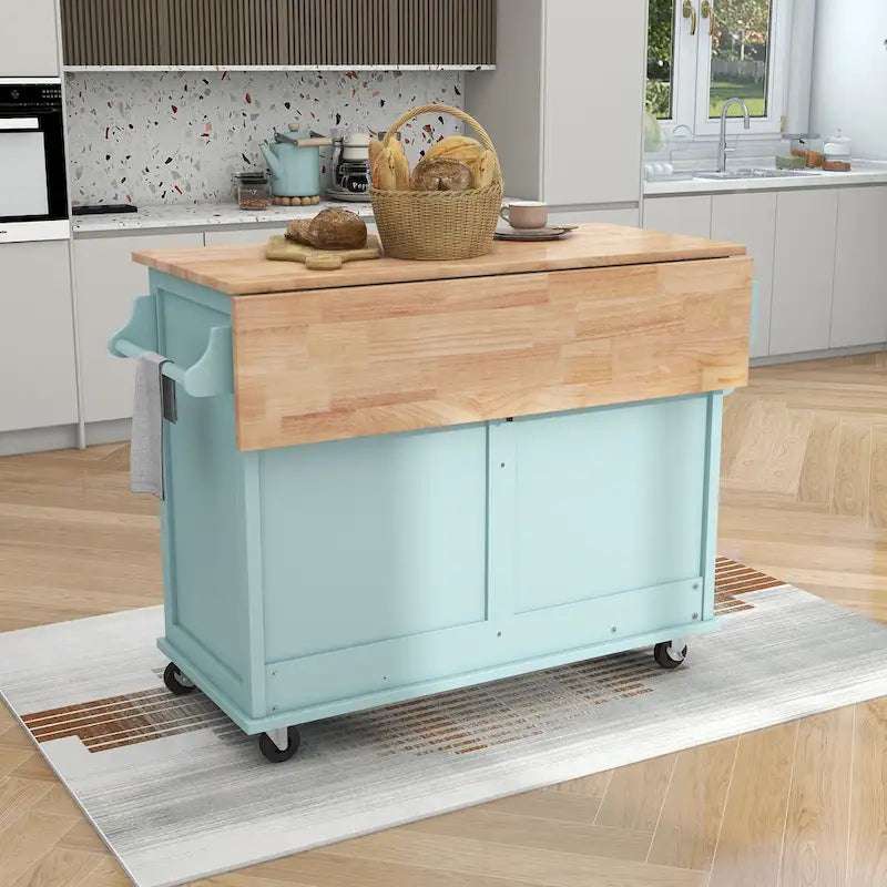 Kitchen Cart with Rubber wood Drop-Leaf Countertop, Concealed sliding barn door adjustable height,Kitchen Island on 4 Wheels