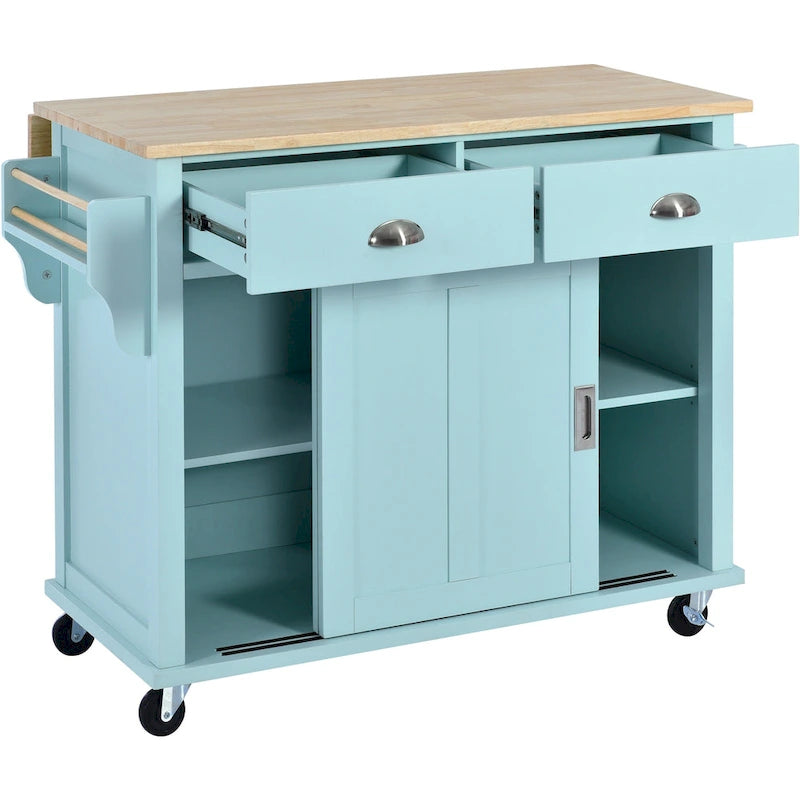 Kitchen Cart with Rubber wood Drop-Leaf Countertop, Concealed sliding barn door adjustable height,Kitchen Island on 4 Wheels