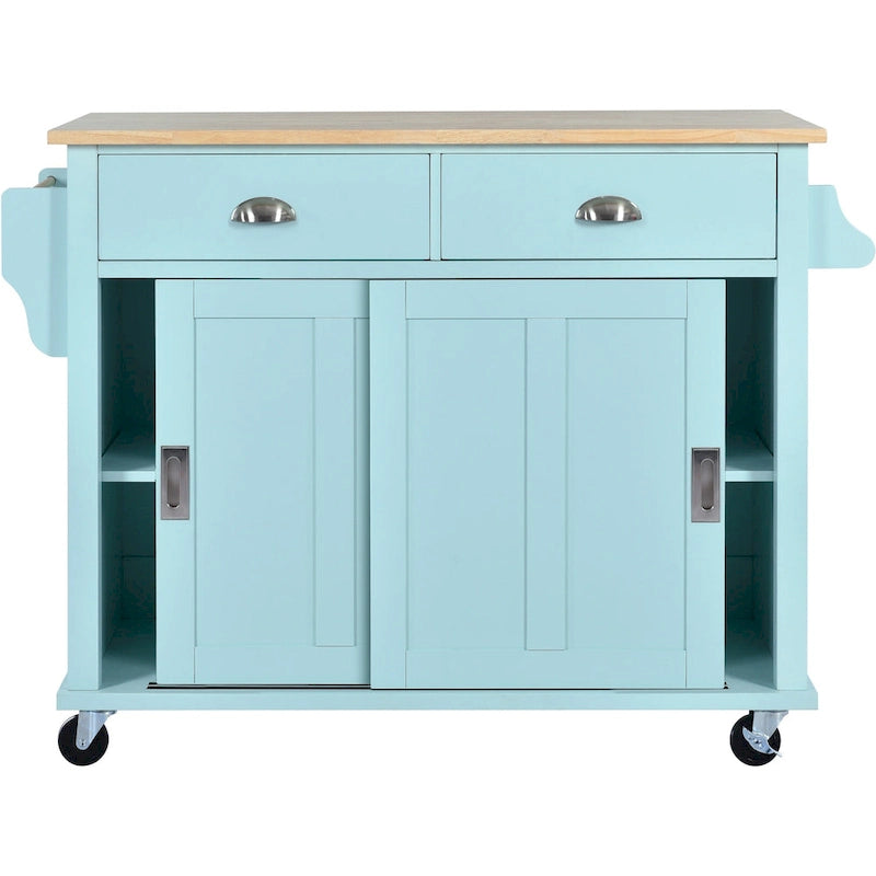 Kitchen Cart with Rubber wood Drop-Leaf Countertop, Concealed sliding barn door adjustable height,Kitchen Island on 4 Wheels