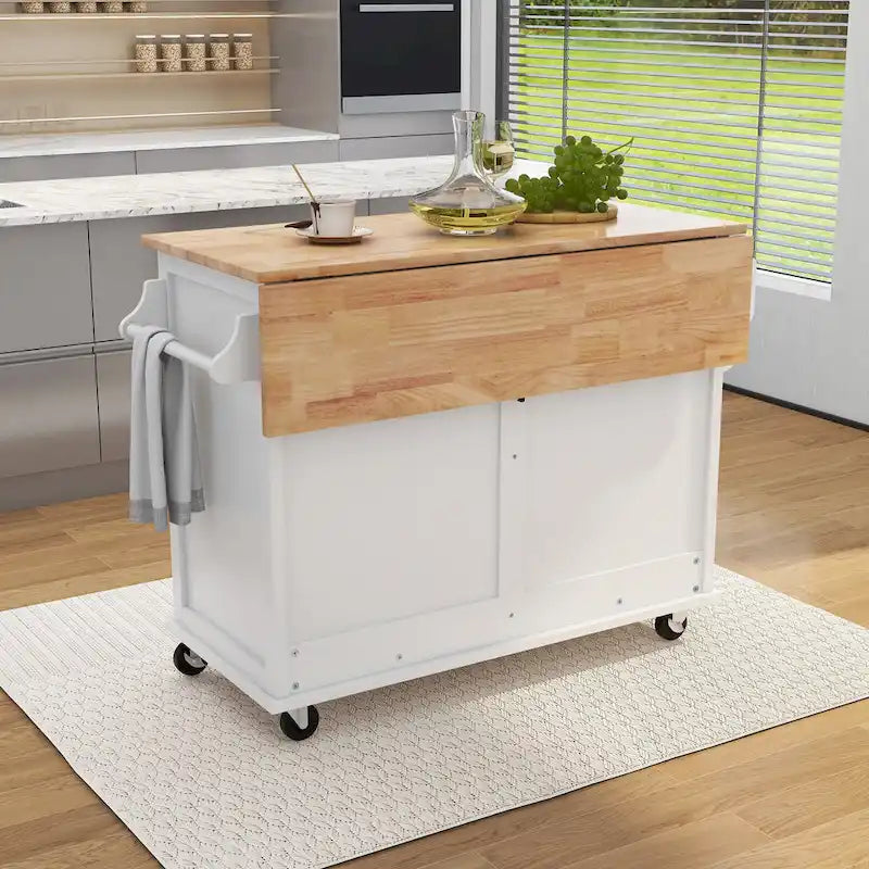 Kitchen Cart with Rubber wood Drop-Leaf Countertop, Concealed sliding barn door adjustable height,Kitchen Island on 4 Wheels