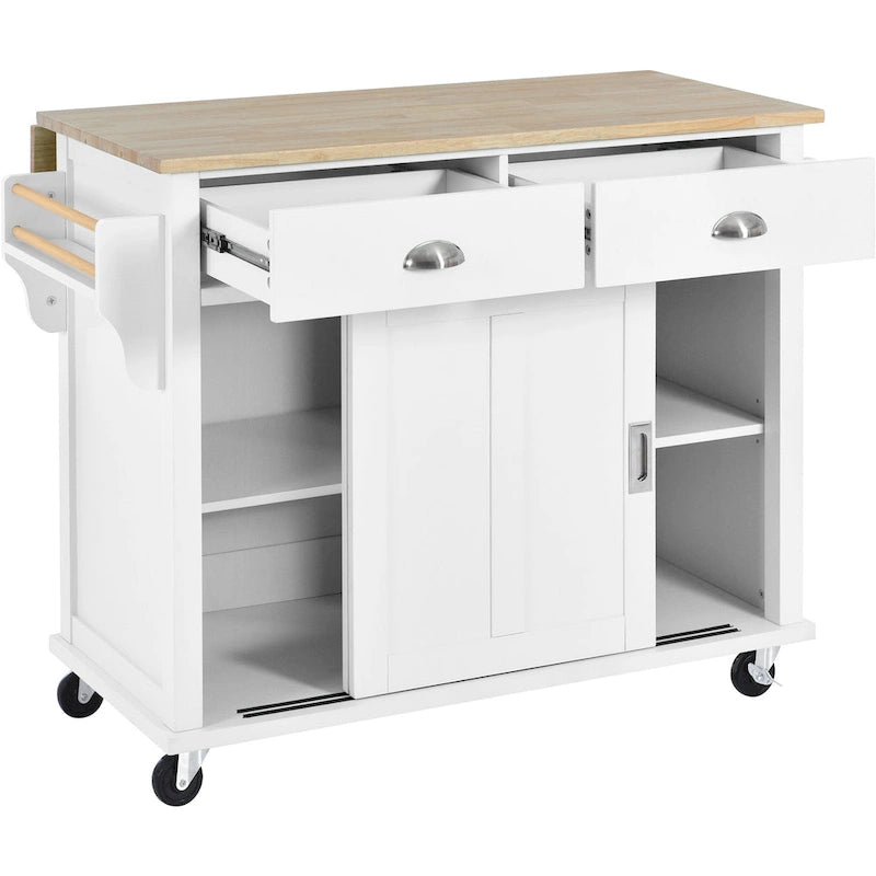 Kitchen Cart with Rubber wood Drop-Leaf Countertop, Concealed sliding barn door adjustable height,Kitchen Island on 4 Wheels