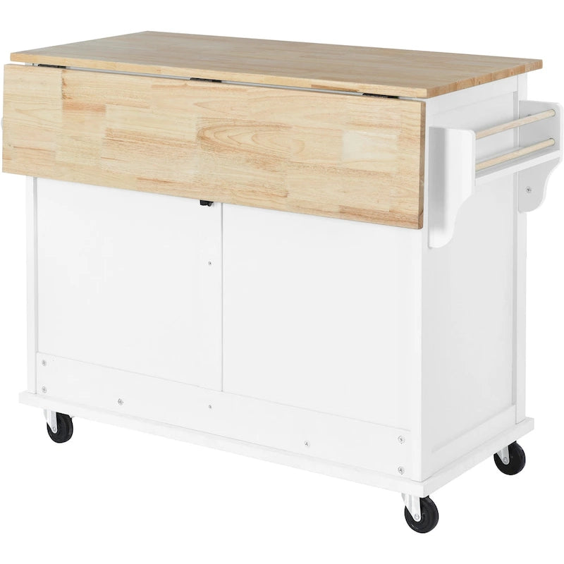 Kitchen Cart with Rubber wood Drop-Leaf Countertop, Concealed sliding barn door adjustable height,Kitchen Island on 4 Wheels