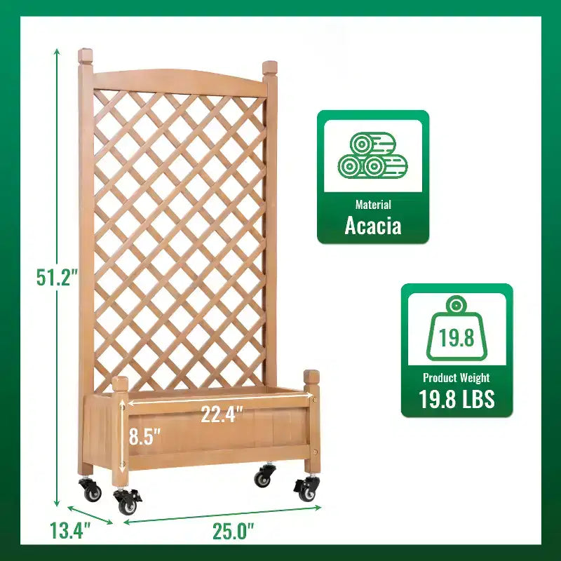 FDW Planter Box with Trellis 51 H Raised Garden Bed Trellis Hard Acacia Wood Raised Garden Beds with Grid and Drainage Holes for Outdoor, Nature