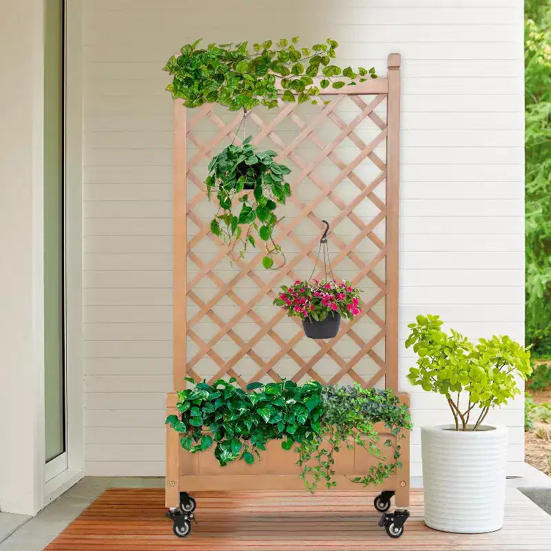FDW Planter Box with Trellis 51 H Raised Garden Bed Trellis Hard Acacia Wood Raised Garden Beds with Grid and Drainage Holes for Outdoor, Nature