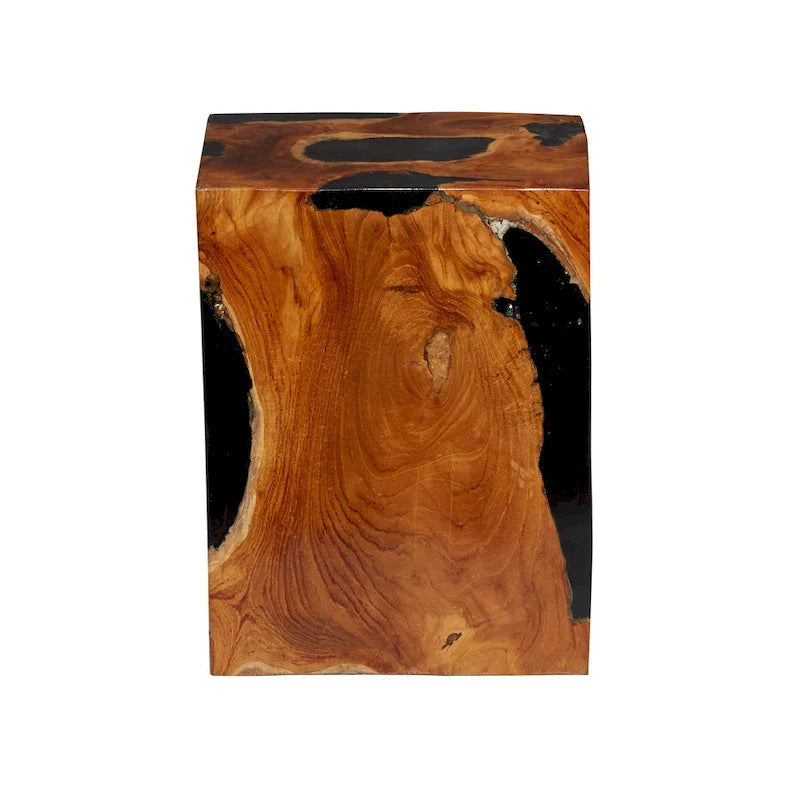 Teak Wood Block Accent Table with Black Resin Inlay - Brown - Roche River Decor - 11Wx12Lx15H