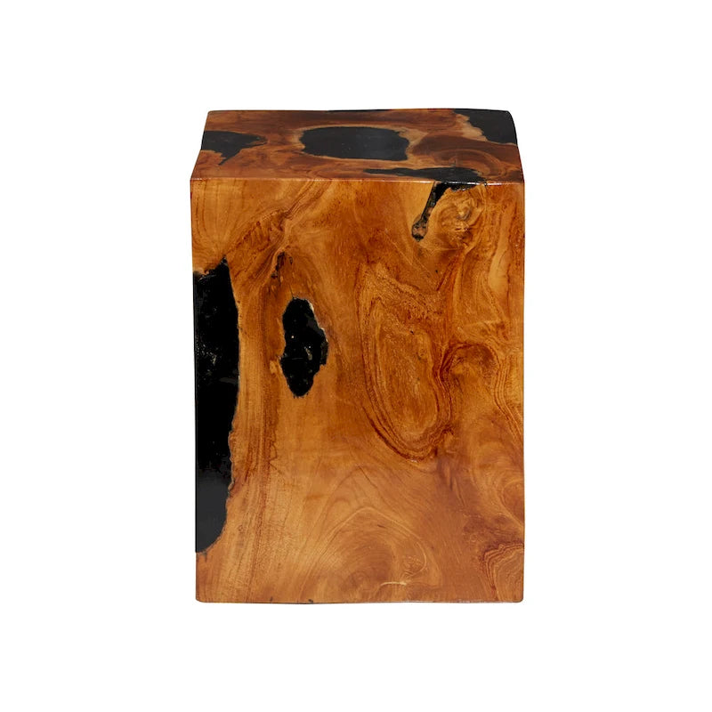 Teak Wood Block Accent Table with Black Resin Inlay - Brown - Roche River Decor - 11Wx12Lx15H