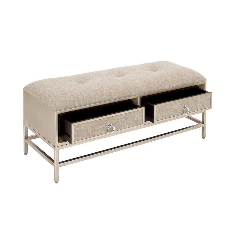 Linen Fabric Upholstered 2 Drawer Storage Bench with Tufted Seat and Ring Handles - Beige - Roche River Decor