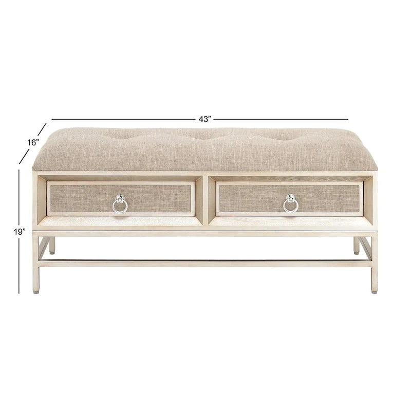Linen Fabric Upholstered 2 Drawer Storage Bench with Tufted Seat and Ring Handles - Beige - Roche River Decor