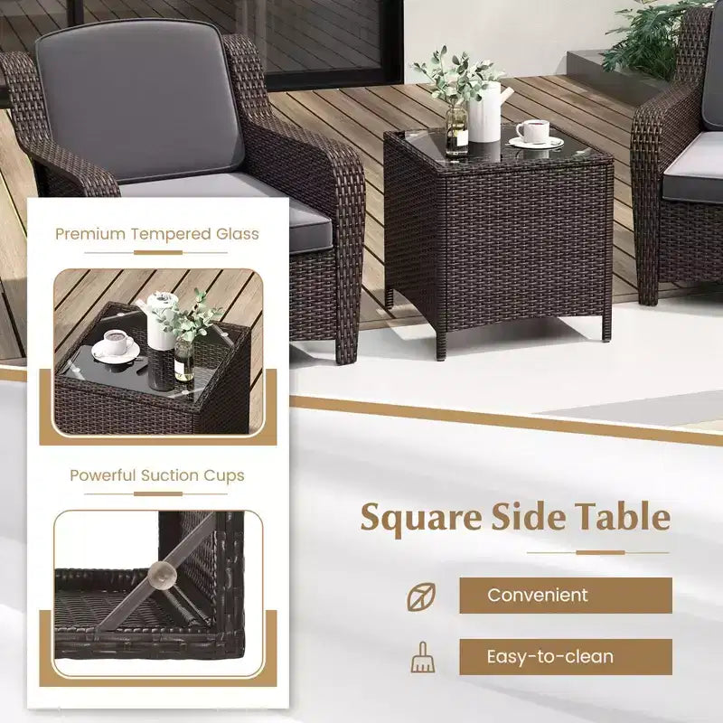 Costway 3 PCS Outdoor Patio Furniture Set with Cushions and Tempered Glass Coffee Table