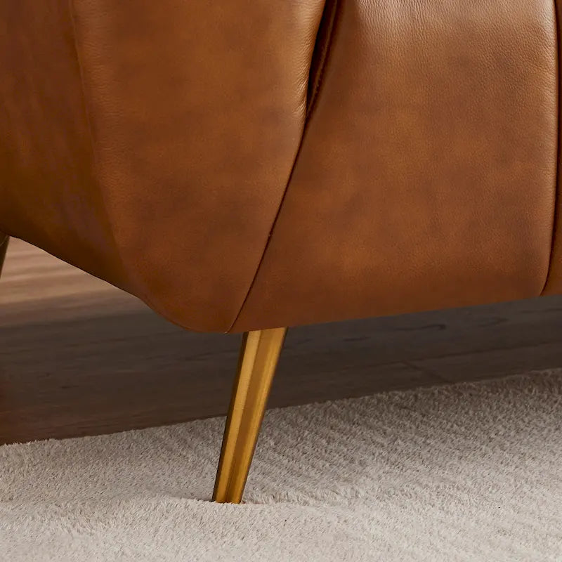 Clovis Mid Century Modern Furniture Style Upholstered Leather Couch in Cognac Color