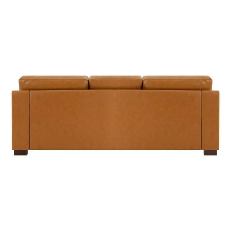 Modern Genuine Leather Sofa with Wooden Legs & Additional Bolster Pillow