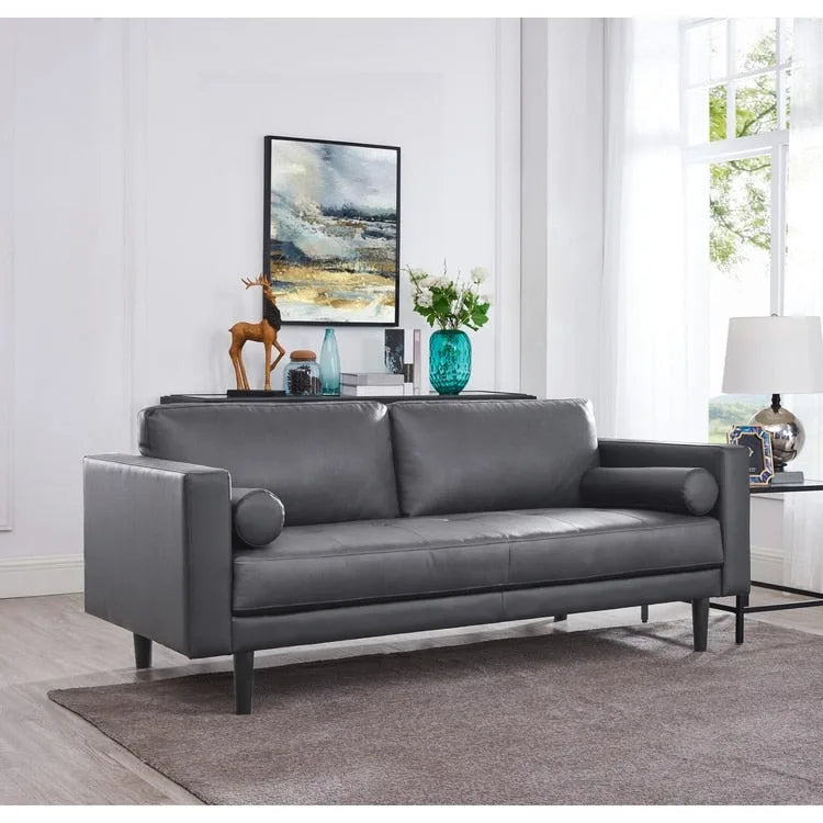 Modern Genuine Leather Sofa with Wooden Legs & Additional Bolster Pillow