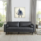 Modern Genuine Leather Sofa with Wooden Legs & Additional Bolster Pillow