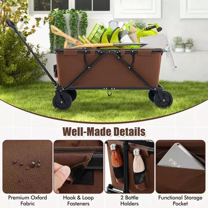 Costway Heavy-Duty Wagon Cart with Adjustable Handlebar Bottle Holders & Storage Pocket Coffee/Grey