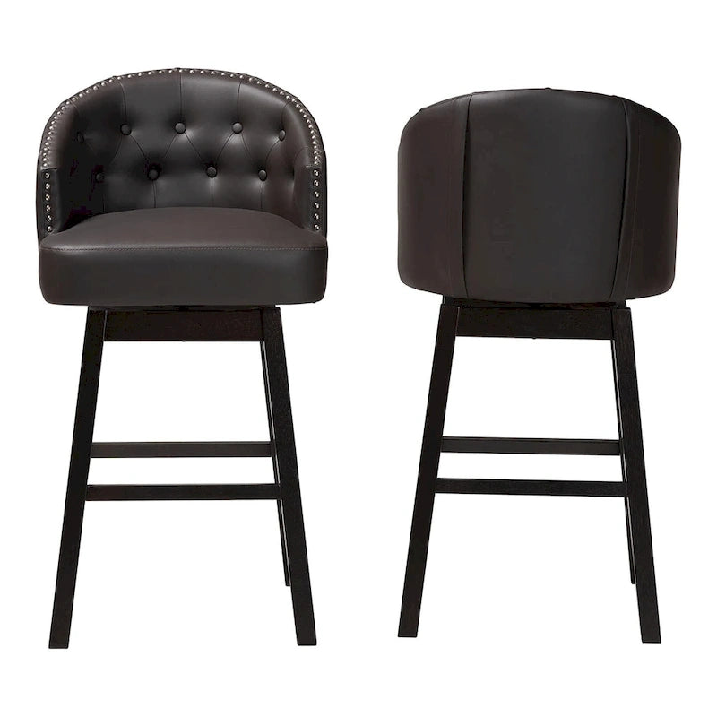 Avril Modern and Contemporary Brown Faux Leather Tufted Swivel Barstool with Nail heads Trim (Set of 2)