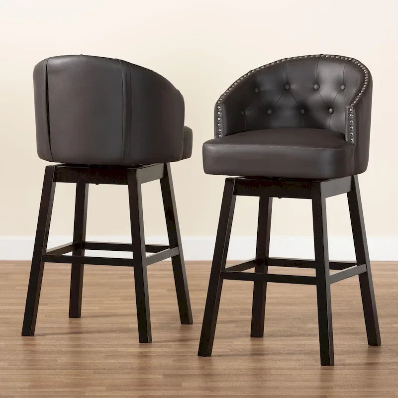 Avril Modern and Contemporary Brown Faux Leather Tufted Swivel Barstool with Nail heads Trim (Set of 2)