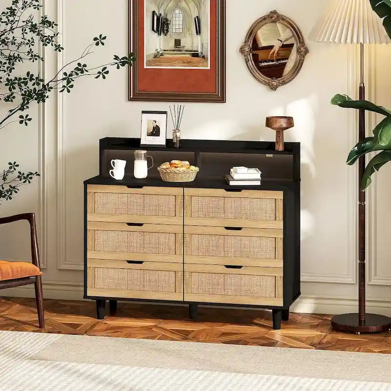 43-inch Wide 6-Drawer Dresser Cabinet with LED and Power Outlet