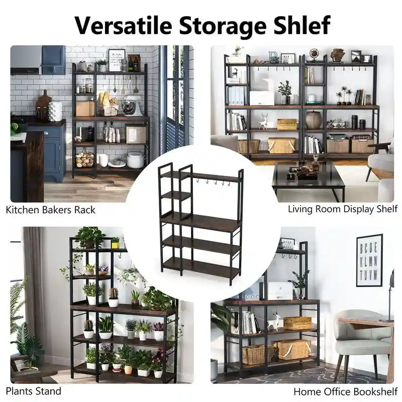 4-Tier Rustic Brown Bakers Rack with S-Shape Hooks