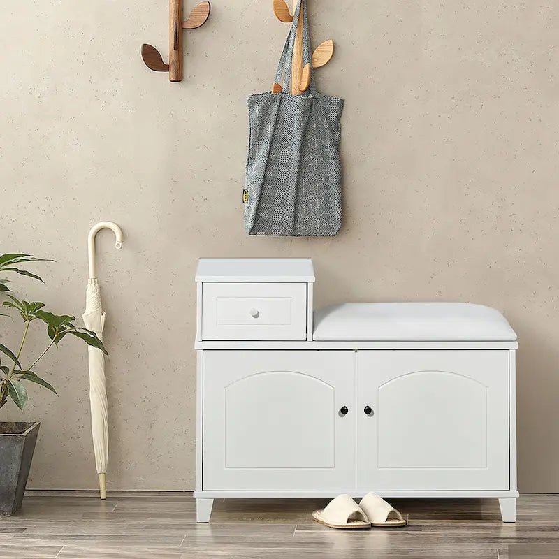 Wooden Shoe Storage Bench Shoe Ottoman Cabinet with Drawer,White