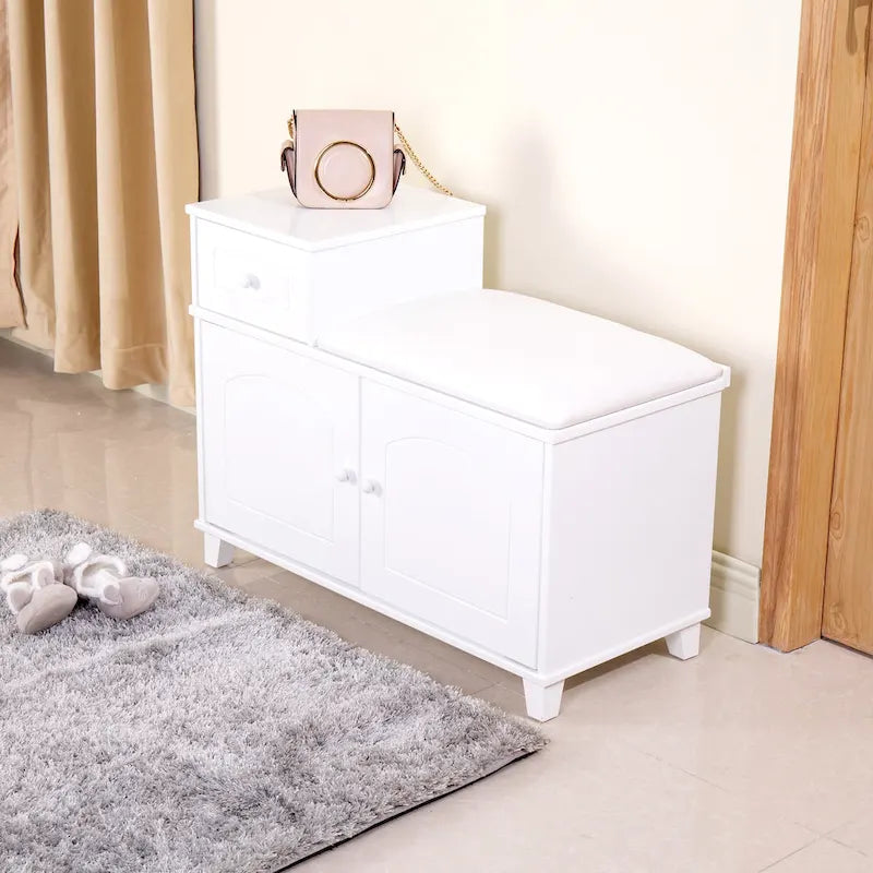 Wooden Shoe Storage Bench Shoe Ottoman Cabinet with Drawer,White