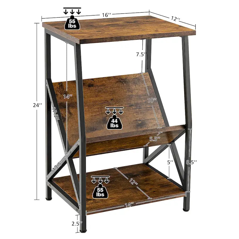 3 Tier End Table Industrial Side Table w Storage Rack Bedside Table