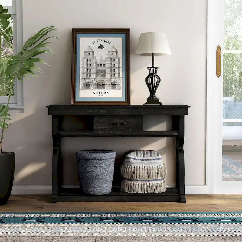 DH BASIC Farmhouse Black Oak 47-inch 3-Open Shelf Console Table by Denhour