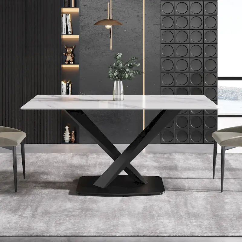 63Modern Dining Table, White Sintered Stone Tabletop Dining Table with Moran Violet Steel Base - N/A