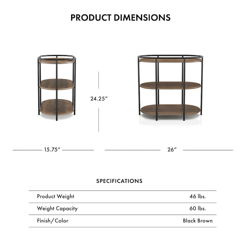 Moore Industrial Brown 26-inch Steel 3-Tiered Side Table with USB Ports and Outlets by Furniture of America