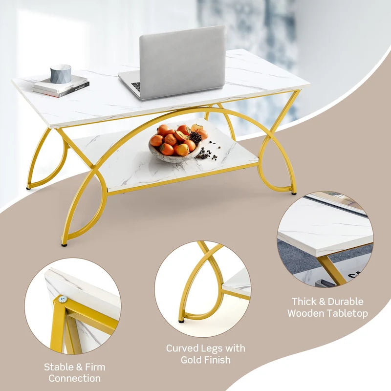 2 Tier Coffee Table Modern Faux Marble Accent Table Cocktail End Table