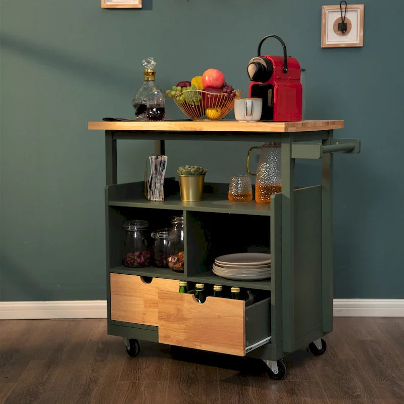 Portable Kitchen Cart Wood Top Kitchen Trolley with Drawers
