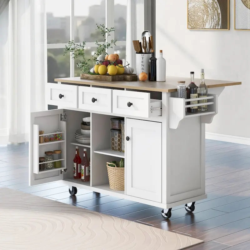 Kitchen Island on 5 Wheels with Storage Cabinet and 3 Drawers