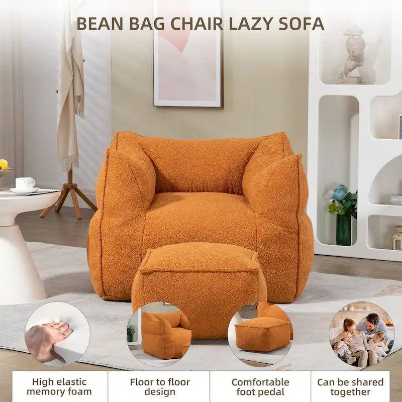 Boucle Upholstered Deep Seat Armless Square Bean Bag Chair with Ottoman