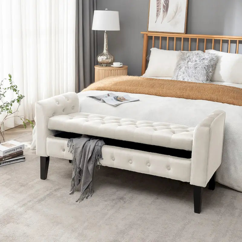Porthos Home Brett Velvet Storage Bench with Rubberwood Legs