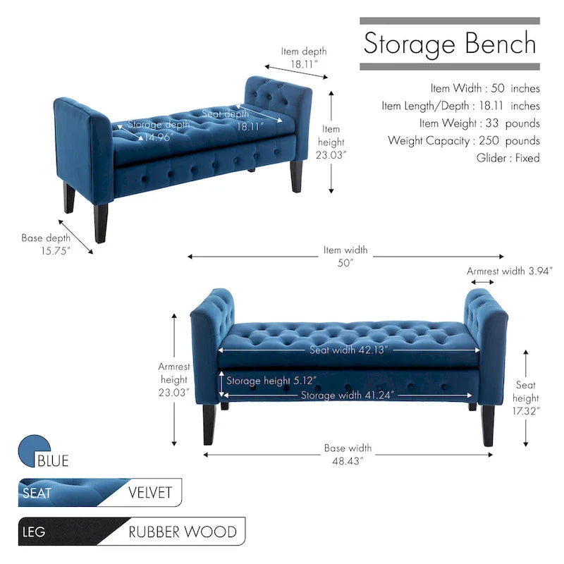 Porthos Home Brett Velvet Storage Bench with Rubberwood Legs