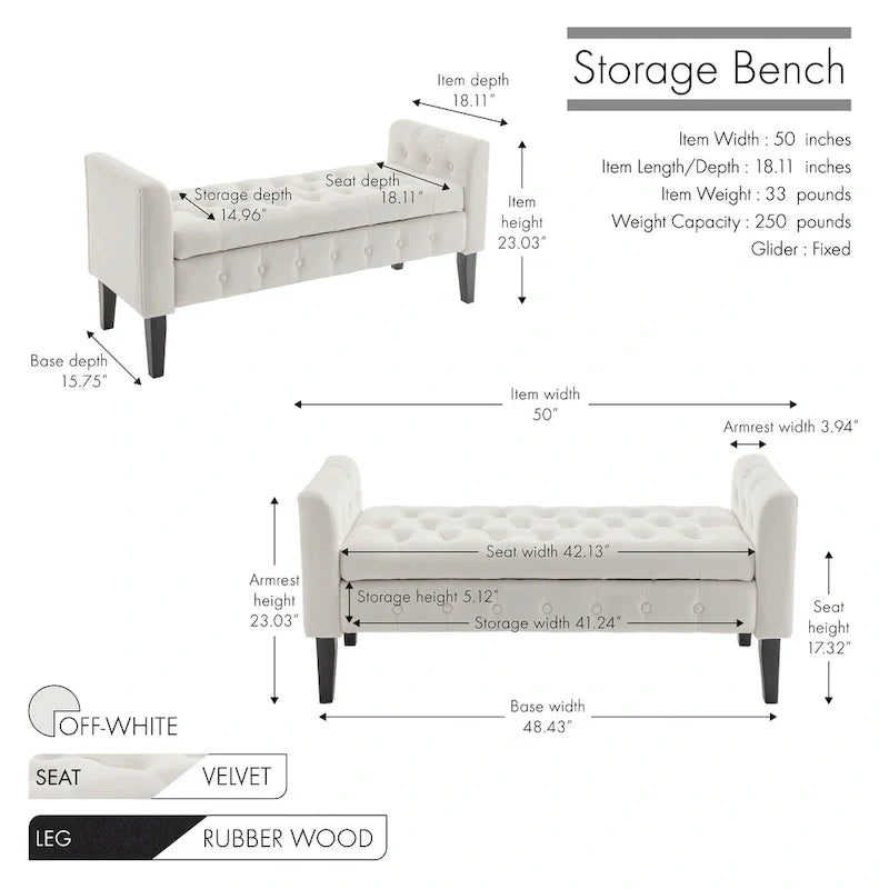 Porthos Home Brett Velvet Storage Bench with Rubberwood Legs