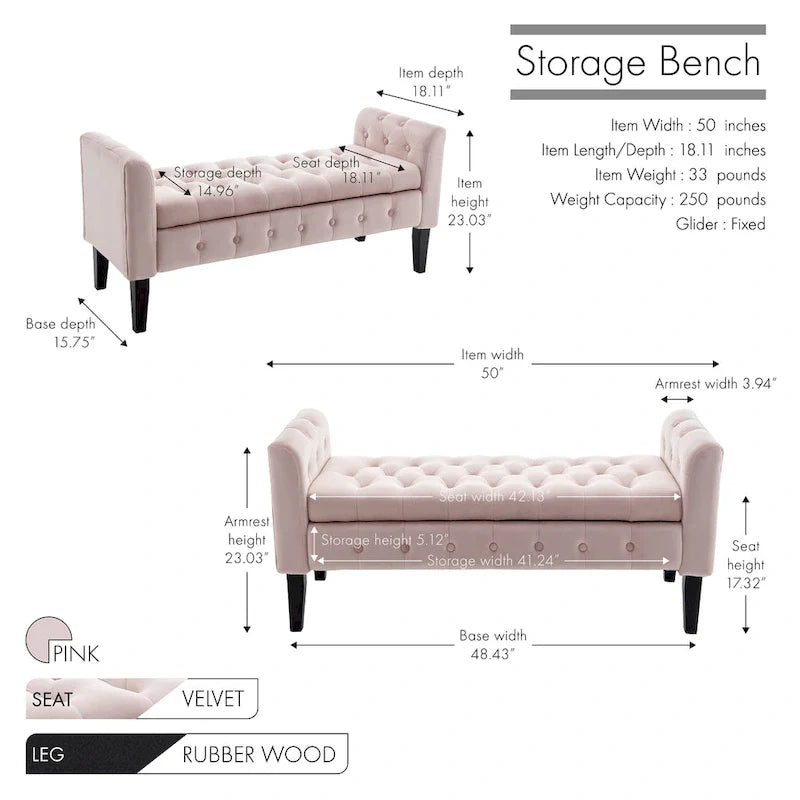 Porthos Home Brett Velvet Storage Bench with Rubberwood Legs